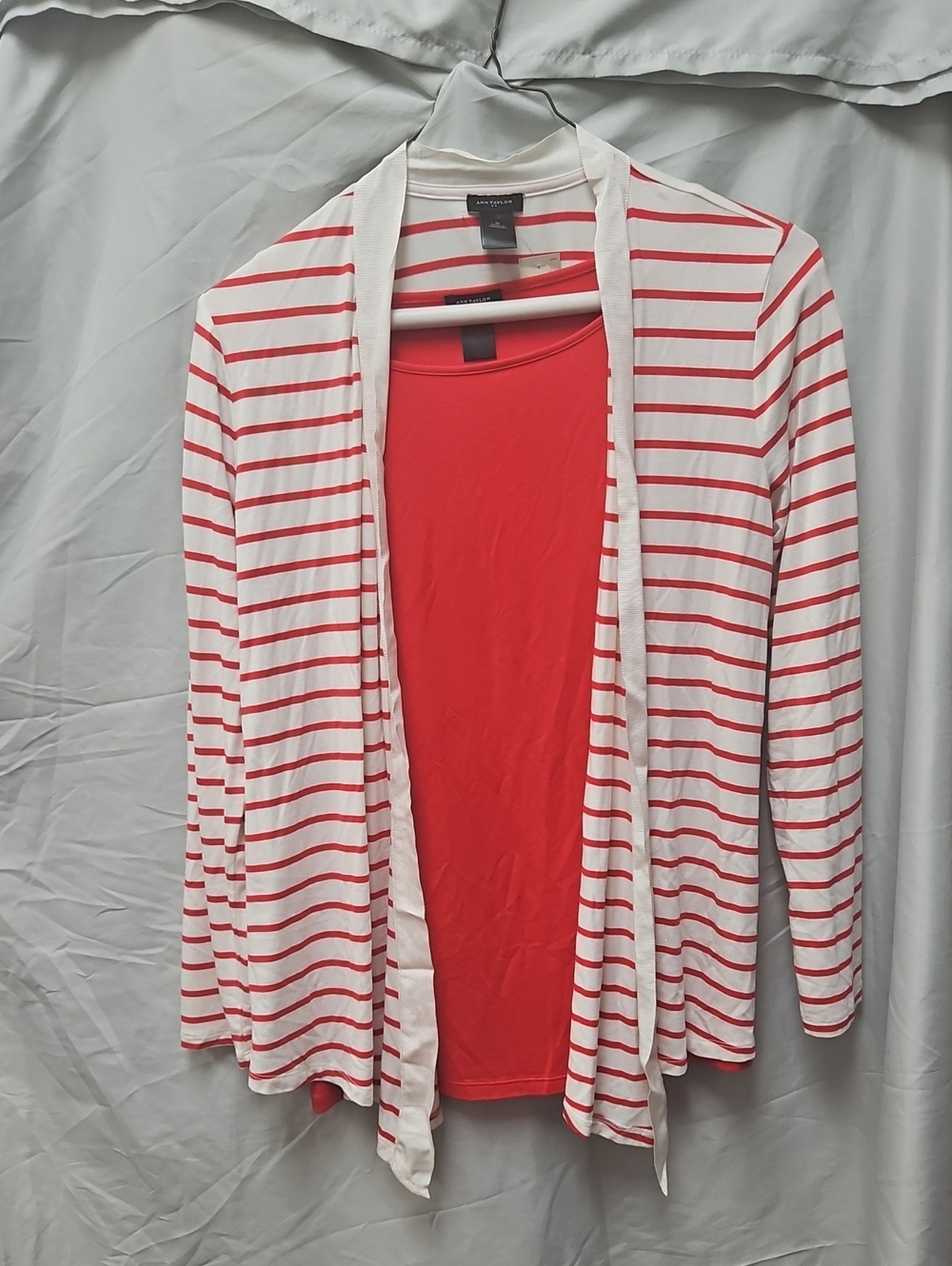 Ann Taylor Red Top with White and Red Striped Open Cardigan NWT